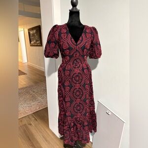 Adelyn Rae NWT embroidered midi dress puff sleeves navy and burgundy XS